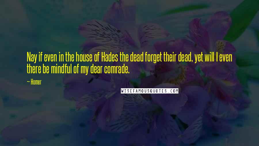 Homer Quotes: Nay if even in the house of Hades the dead forget their dead, yet will I even there be mindful of my dear comrade.