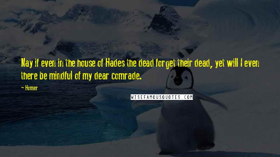 Homer Quotes: Nay if even in the house of Hades the dead forget their dead, yet will I even there be mindful of my dear comrade.