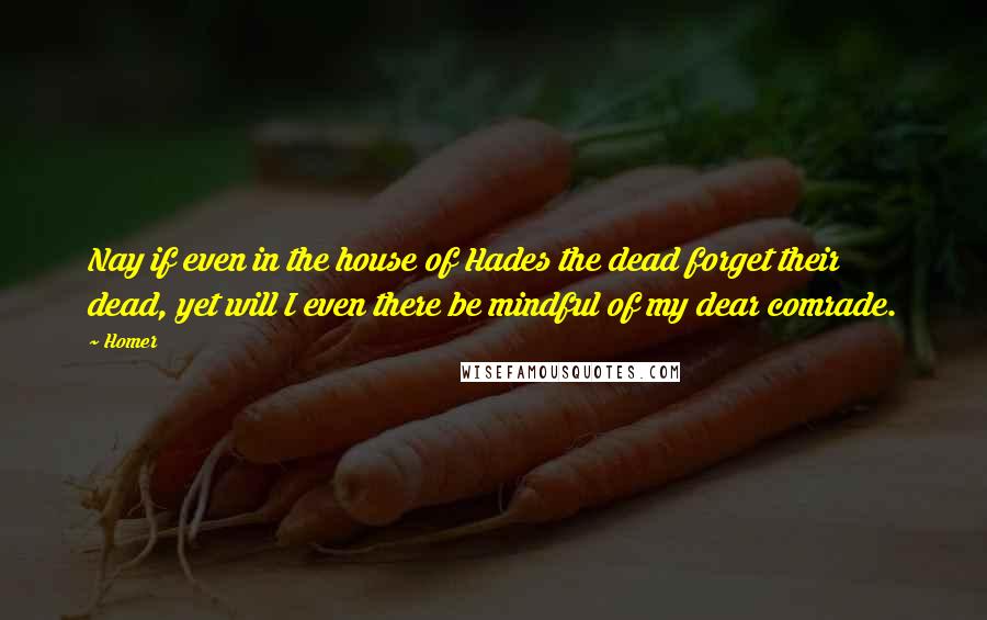 Homer Quotes: Nay if even in the house of Hades the dead forget their dead, yet will I even there be mindful of my dear comrade.