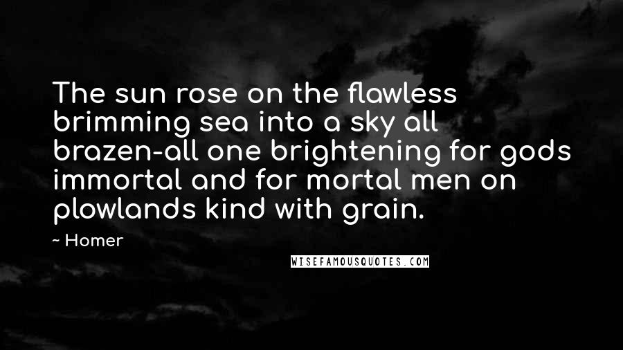 Homer Quotes: The sun rose on the flawless brimming sea into a sky all brazen-all one brightening for gods immortal and for mortal men on plowlands kind with grain.