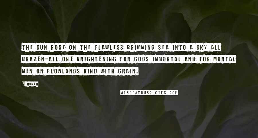 Homer Quotes: The sun rose on the flawless brimming sea into a sky all brazen-all one brightening for gods immortal and for mortal men on plowlands kind with grain.