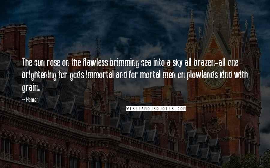 Homer Quotes: The sun rose on the flawless brimming sea into a sky all brazen-all one brightening for gods immortal and for mortal men on plowlands kind with grain.