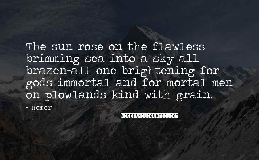 Homer Quotes: The sun rose on the flawless brimming sea into a sky all brazen-all one brightening for gods immortal and for mortal men on plowlands kind with grain.