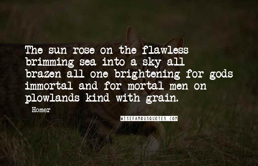 Homer Quotes: The sun rose on the flawless brimming sea into a sky all brazen-all one brightening for gods immortal and for mortal men on plowlands kind with grain.