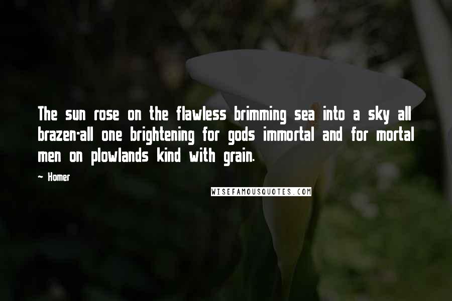 Homer Quotes: The sun rose on the flawless brimming sea into a sky all brazen-all one brightening for gods immortal and for mortal men on plowlands kind with grain.