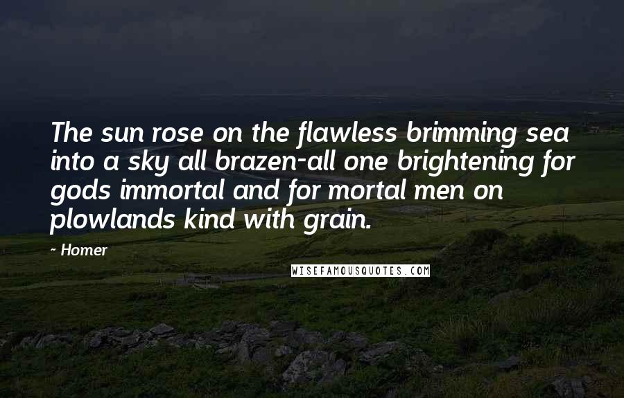 Homer Quotes: The sun rose on the flawless brimming sea into a sky all brazen-all one brightening for gods immortal and for mortal men on plowlands kind with grain.