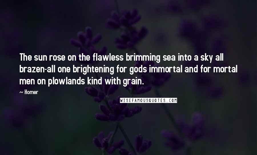 Homer Quotes: The sun rose on the flawless brimming sea into a sky all brazen-all one brightening for gods immortal and for mortal men on plowlands kind with grain.