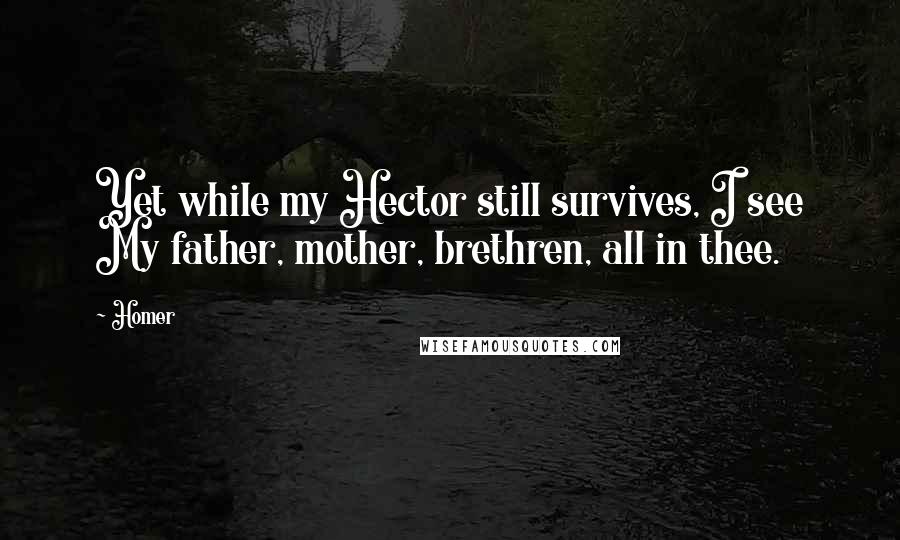 Homer Quotes: Yet while my Hector still survives, I see My father, mother, brethren, all in thee.