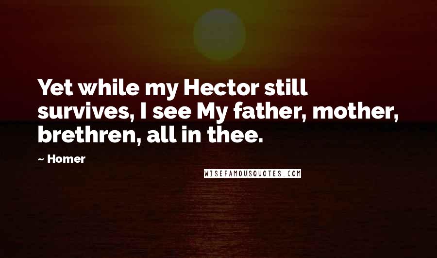 Homer Quotes: Yet while my Hector still survives, I see My father, mother, brethren, all in thee.