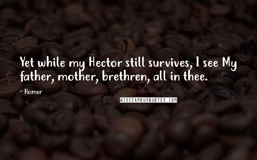 Homer Quotes: Yet while my Hector still survives, I see My father, mother, brethren, all in thee.