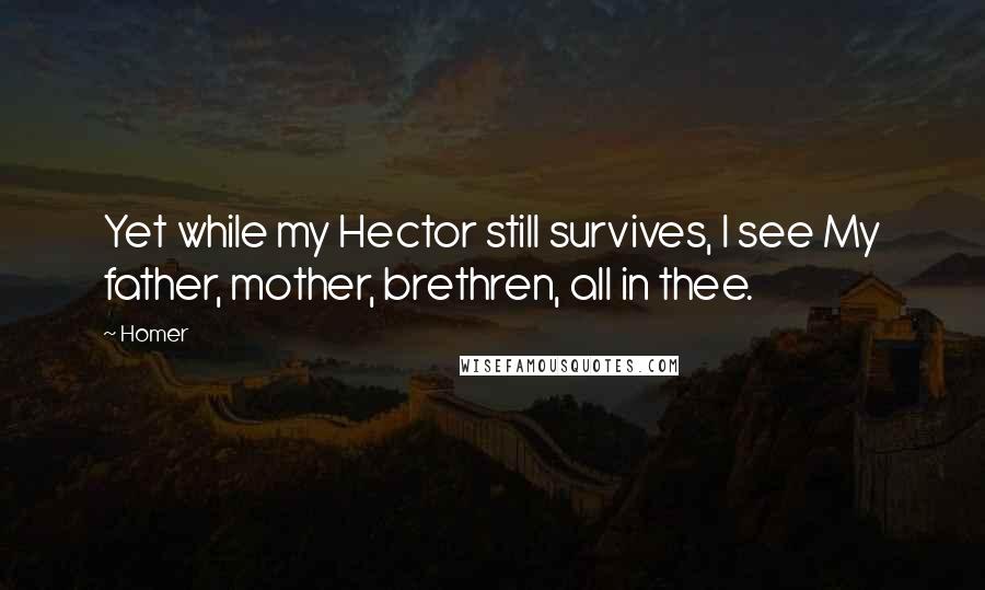 Homer Quotes: Yet while my Hector still survives, I see My father, mother, brethren, all in thee.