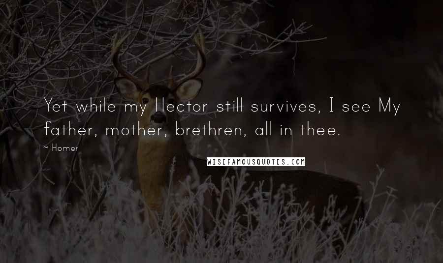 Homer Quotes: Yet while my Hector still survives, I see My father, mother, brethren, all in thee.