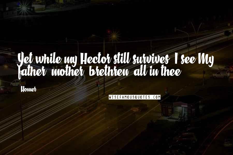 Homer Quotes: Yet while my Hector still survives, I see My father, mother, brethren, all in thee.