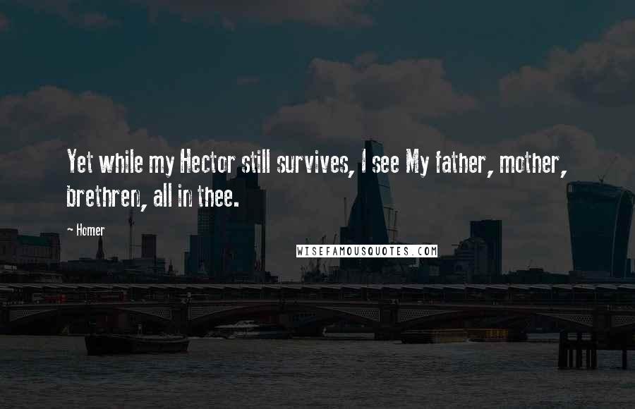 Homer Quotes: Yet while my Hector still survives, I see My father, mother, brethren, all in thee.