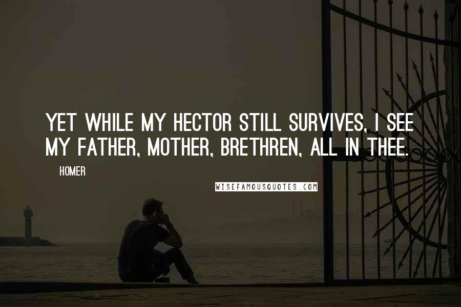 Homer Quotes: Yet while my Hector still survives, I see My father, mother, brethren, all in thee.