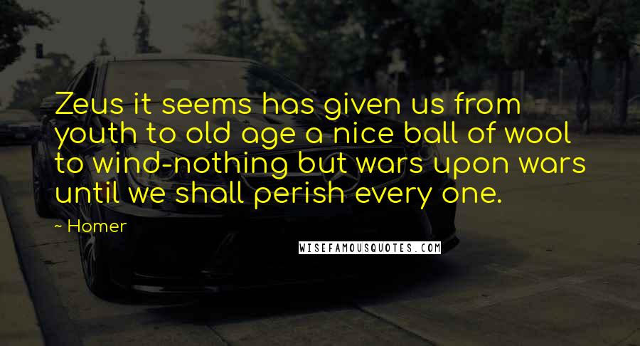 Homer Quotes: Zeus it seems has given us from youth to old age a nice ball of wool to wind-nothing but wars upon wars until we shall perish every one.