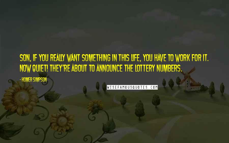 Homer Simpson Quotes: Son, if you really want something in this life, you have to work for it. Now quiet! They're about to announce the lottery numbers.