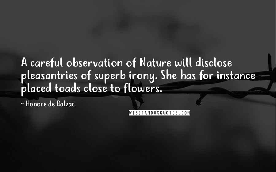 Honore De Balzac Quotes: A careful observation of Nature will disclose pleasantries of superb irony. She has for instance placed toads close to flowers.