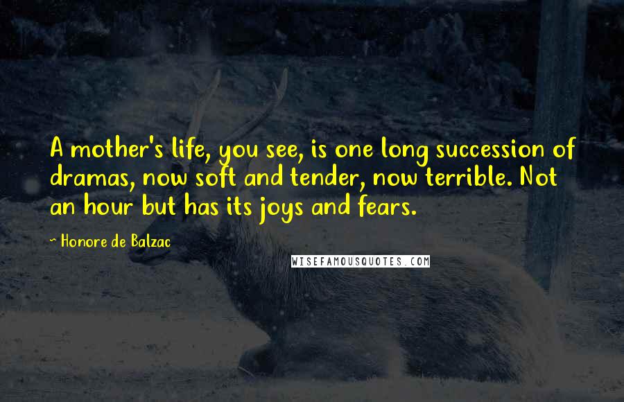 Honore De Balzac Quotes: A mother's life, you see, is one long succession of dramas, now soft and tender, now terrible. Not an hour but has its joys and fears.