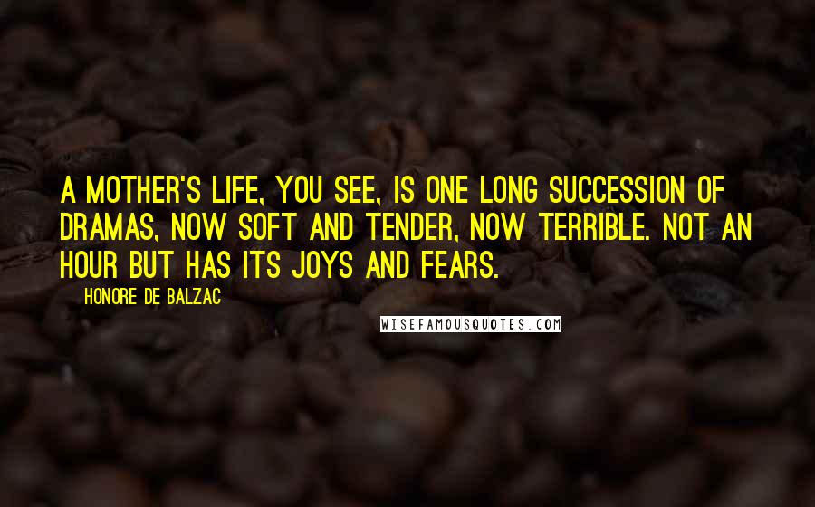 Honore De Balzac Quotes: A mother's life, you see, is one long succession of dramas, now soft and tender, now terrible. Not an hour but has its joys and fears.