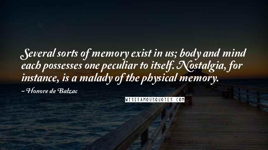 Honore De Balzac Quotes: Several sorts of memory exist in us; body and mind each possesses one peculiar to itself. Nostalgia, for instance, is a malady of the physical memory.