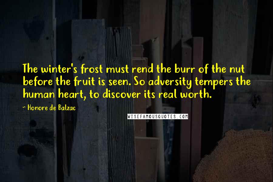 Honore De Balzac Quotes: The winter's frost must rend the burr of the nut before the fruit is seen. So adversity tempers the human heart, to discover its real worth.