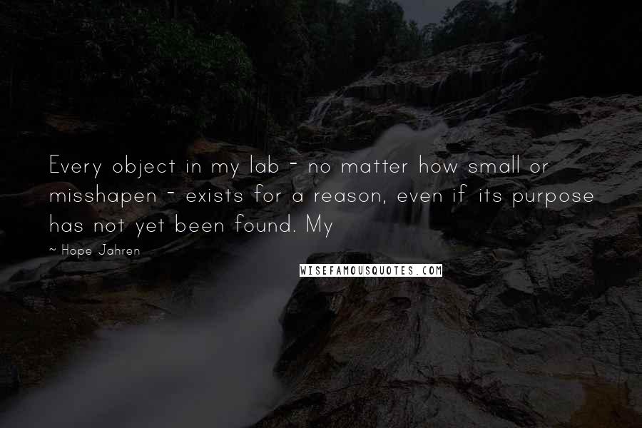 Hope Jahren Quotes: Every object in my lab - no matter how small or misshapen - exists for a reason, even if its purpose has not yet been found. My