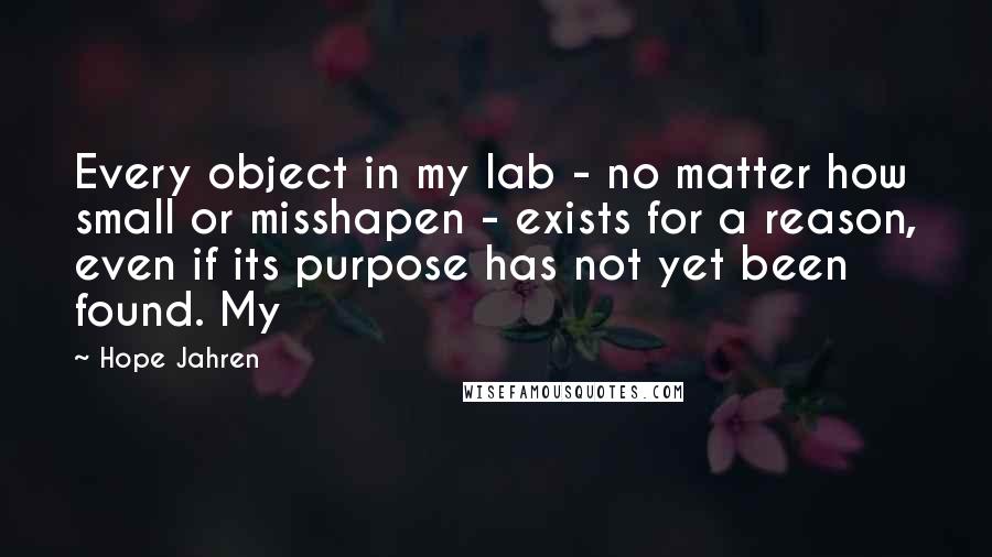 Hope Jahren Quotes: Every object in my lab - no matter how small or misshapen - exists for a reason, even if its purpose has not yet been found. My