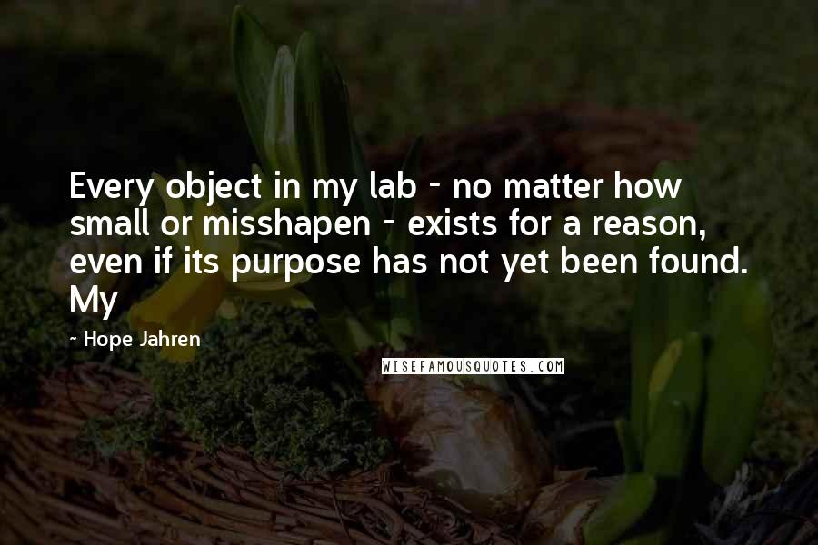 Hope Jahren Quotes: Every object in my lab - no matter how small or misshapen - exists for a reason, even if its purpose has not yet been found. My