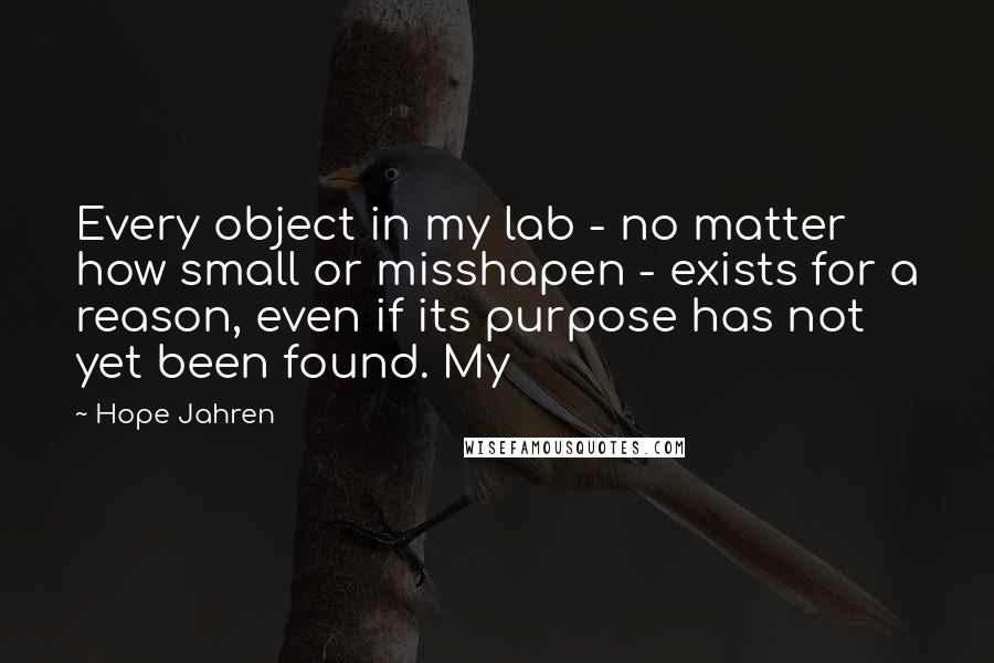 Hope Jahren Quotes: Every object in my lab - no matter how small or misshapen - exists for a reason, even if its purpose has not yet been found. My