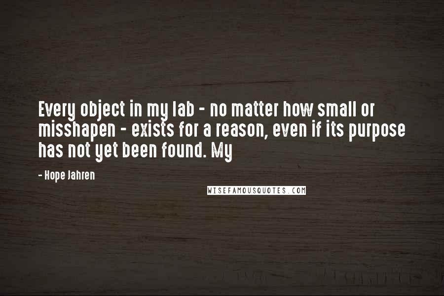 Hope Jahren Quotes: Every object in my lab - no matter how small or misshapen - exists for a reason, even if its purpose has not yet been found. My