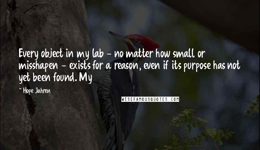 Hope Jahren Quotes: Every object in my lab - no matter how small or misshapen - exists for a reason, even if its purpose has not yet been found. My