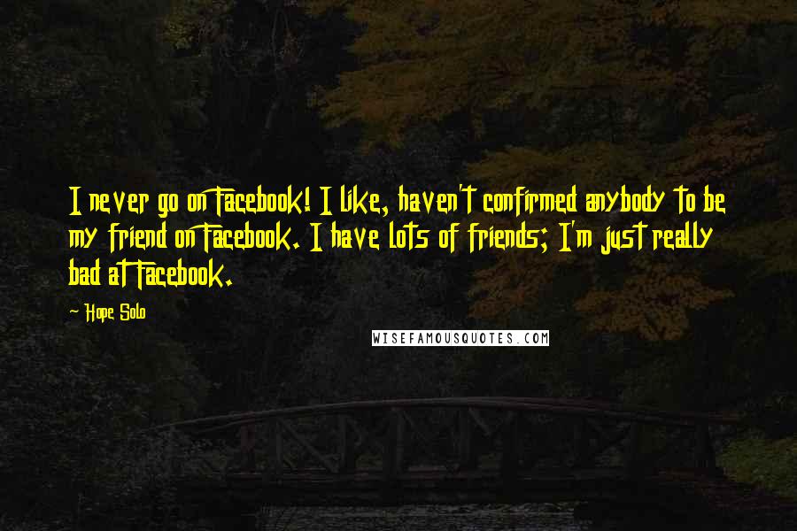 Hope Solo Quotes: I never go on Facebook! I like, haven't confirmed anybody to be my friend on Facebook. I have lots of friends; I'm just really bad at Facebook.