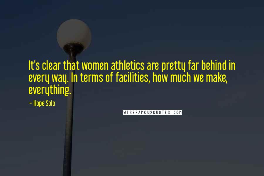 Hope Solo Quotes: It's clear that women athletics are pretty far behind in every way. In terms of facilities, how much we make, everything.