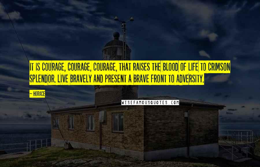 Horace Quotes: It is courage, courage, courage, that raises the blood of life to crimson splendor. Live bravely and present a brave front to adversity.