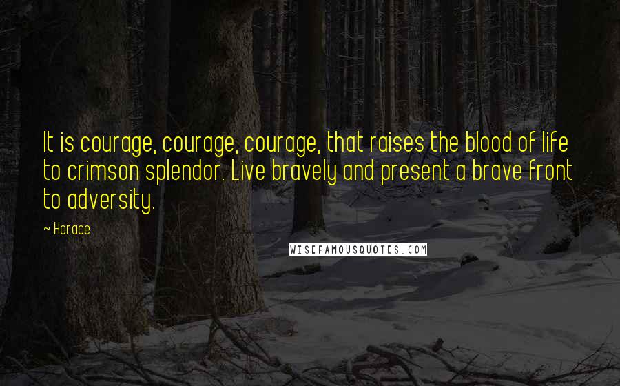 Horace Quotes: It is courage, courage, courage, that raises the blood of life to crimson splendor. Live bravely and present a brave front to adversity.