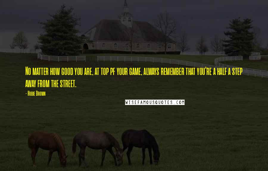 Hubie Brown Quotes: No matter how good you are, at top pf your game, always remember that you're a half a step away from the street.