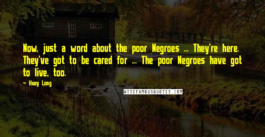 Huey Long Quotes: Now, just a word about the poor Negroes ... They're here. They've got to be cared for ... The poor Negroes have got to live, too.