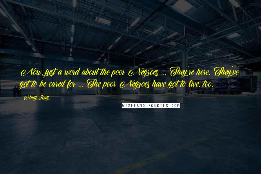 Huey Long Quotes: Now, just a word about the poor Negroes ... They're here. They've got to be cared for ... The poor Negroes have got to live, too.