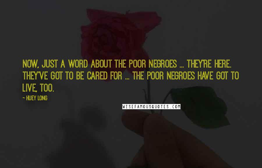 Huey Long Quotes: Now, just a word about the poor Negroes ... They're here. They've got to be cared for ... The poor Negroes have got to live, too.