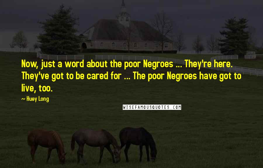 Huey Long Quotes: Now, just a word about the poor Negroes ... They're here. They've got to be cared for ... The poor Negroes have got to live, too.