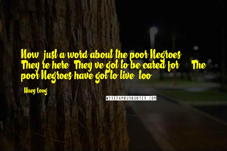 Huey Long Quotes: Now, just a word about the poor Negroes ... They're here. They've got to be cared for ... The poor Negroes have got to live, too.
