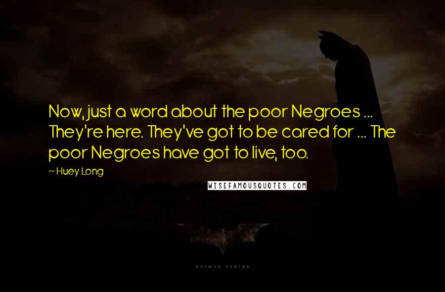 Huey Long Quotes: Now, just a word about the poor Negroes ... They're here. They've got to be cared for ... The poor Negroes have got to live, too.