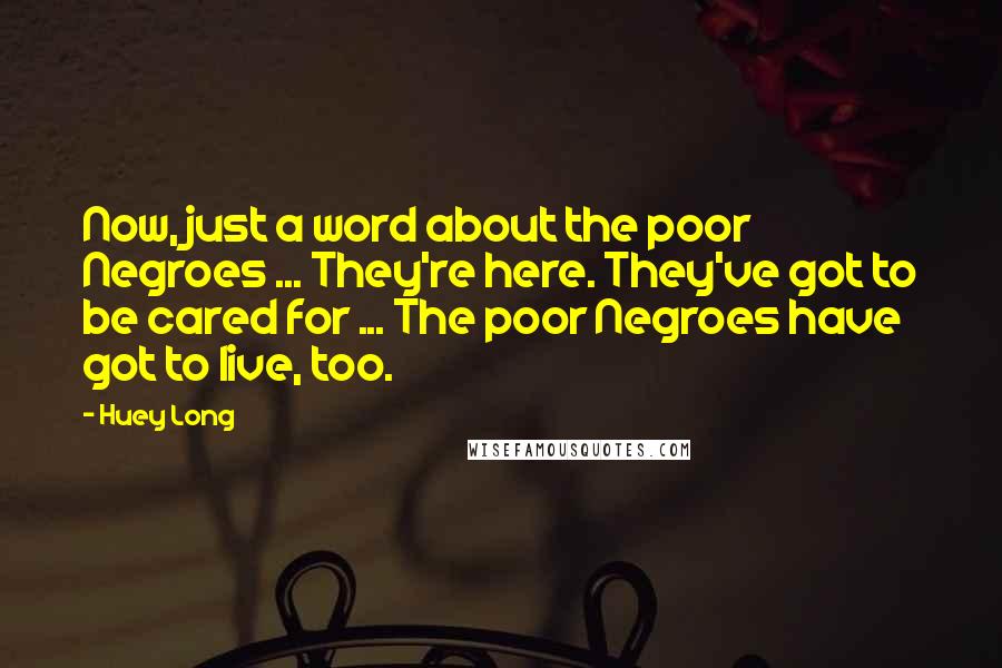 Huey Long Quotes: Now, just a word about the poor Negroes ... They're here. They've got to be cared for ... The poor Negroes have got to live, too.