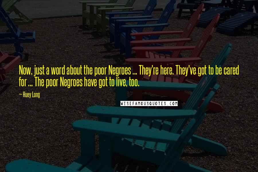 Huey Long Quotes: Now, just a word about the poor Negroes ... They're here. They've got to be cared for ... The poor Negroes have got to live, too.