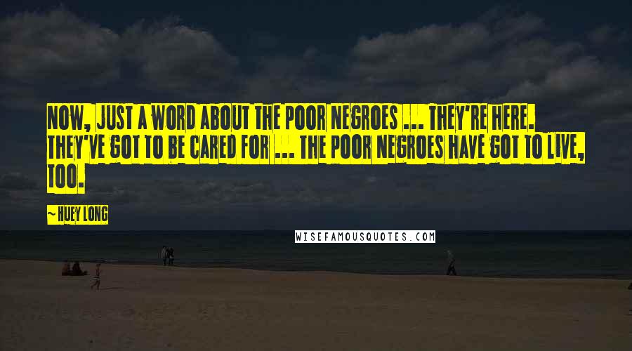 Huey Long Quotes: Now, just a word about the poor Negroes ... They're here. They've got to be cared for ... The poor Negroes have got to live, too.