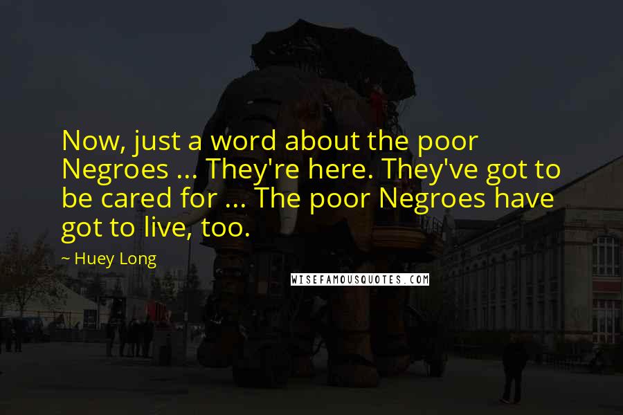 Huey Long Quotes: Now, just a word about the poor Negroes ... They're here. They've got to be cared for ... The poor Negroes have got to live, too.