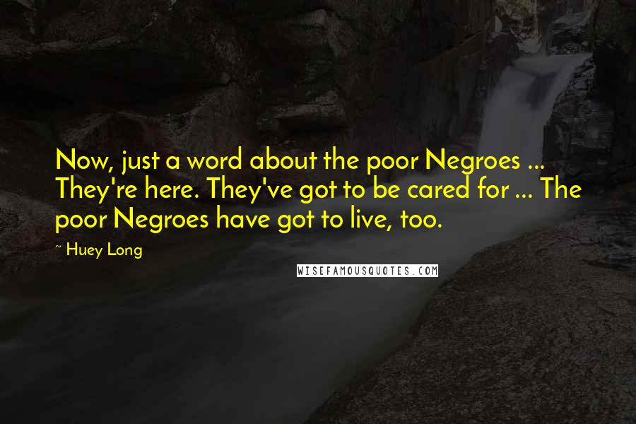 Huey Long Quotes: Now, just a word about the poor Negroes ... They're here. They've got to be cared for ... The poor Negroes have got to live, too.