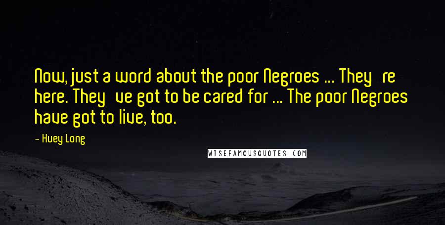 Huey Long Quotes: Now, just a word about the poor Negroes ... They're here. They've got to be cared for ... The poor Negroes have got to live, too.