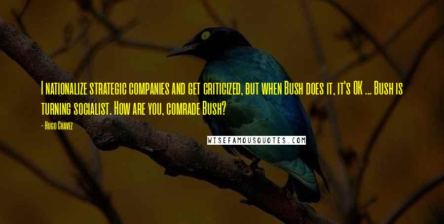 Hugo Chavez Quotes: I nationalize strategic companies and get criticized, but when Bush does it, it's OK ... Bush is turning socialist. How are you, comrade Bush?